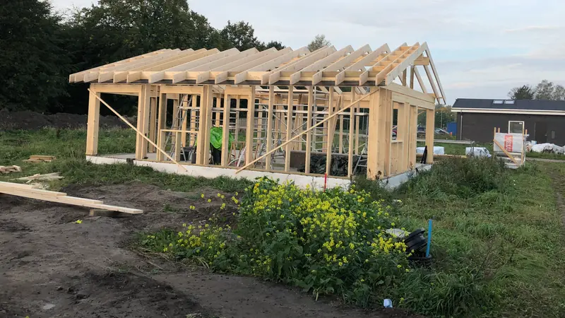 Spær lagt op på hele huset med synlig gavltrekant, skråstivere og stillads inde i det åbne skelet